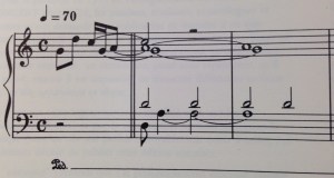 The opening of The Köln Concert, from the 1991 transcription by Yukiko Kishinami and Kunihiko Yamashita.  The first six notes mimic the chime heard at the Cologne Opera House to announce that the performance is about to begin.  Keith's sold-out concert there on January 24, 1975, began at 11:30 pm after an opera performance