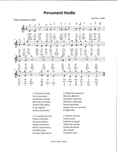 Personent Hodie, "marked" with solfège. Typically this and How Great is the Pleasure were the first pieces new students would mark and sing each fall.