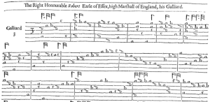 French tablature: The Earle of Essex Galliard but John Dowland from Robert Dowland's A Varietie of Lute Lessons, 1610. French tablature was used in England and Scotland as well as France
