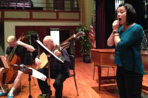 rehearsing with Terri and the continuo band: (l to r) Joshua Keller, viola da gamba; Francis Perry, theorbo; Terri Richter, soprano. Not pictured is Mark Godwin, who was seated on my left