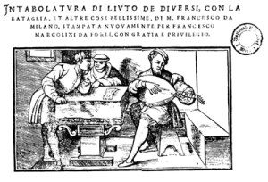 woodcut (of Francesco da Milano?) ~ the cover of Intabolatura di liuto published in Venice in 1536 by Francesco da Forli