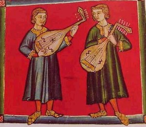 two lutenists from the manuscript of Cantinas de Santa Mariaof Alfonso the Wise of Castile (1221-1284)