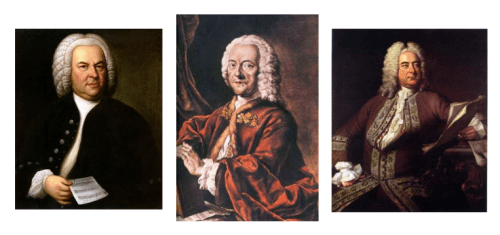 Telemann and his peers: (l to r) Johann Sebastian Bach (portrait by E.G. Haussman, 1746); Georg Philipp Telemann (hand-colored aquatint by Valentin Daniel Preisler, after a lost painting by Louis Michael Schneider, 1750); Georg Friedrich Händel (Thomas Hudson, 1748)