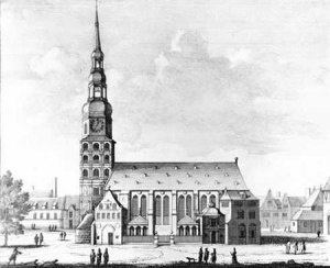 Katharinenkirche, 1700 - one of the five principal churches (Hauptkirche) in Hamburg. Copper engraving by Pieter Schenk .