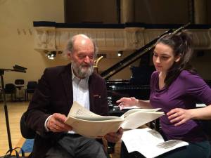Olga reviews the score of Lamentate with Arvo Pärt during rehearsal, May 3, 2016, Talinn, Estonia