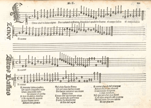 'Come chel bianco cigno' by Marchetto Cara from 'Frottole Libro Primo' published by Petrucci in 1504.