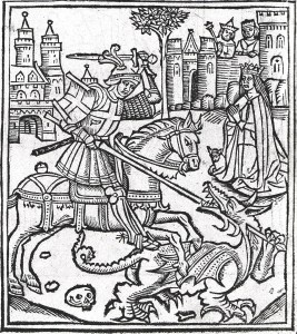 Woodcut of St George Slaying the Dragon from Life of Saint George, 1515, by Alexander Barclay (1476-1552)