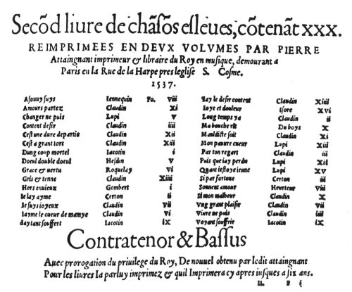Pierre Attaingnant: Second Book of Old Chansons (title page), 1537 ~ Biblioteca del Conservatorio, Florence. This was Attaingnant's first book to bear the title "imprimeur & libraire du Roy en musique". (click to enlarge)