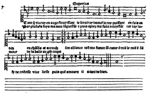 the superius part to "Tant que vivray" (Claudin) from Attaingnant's Trente et sept chansons musicales a quatre parties, 1529